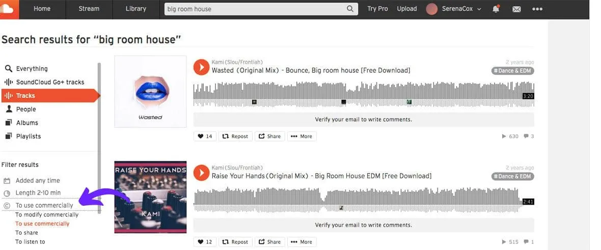 Finding royalty-free music on Soundcloud with the commercial-use filter