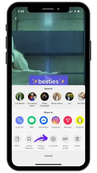 iPhone Photos app with a saved TikTok video being cropped to remove the corner watermark