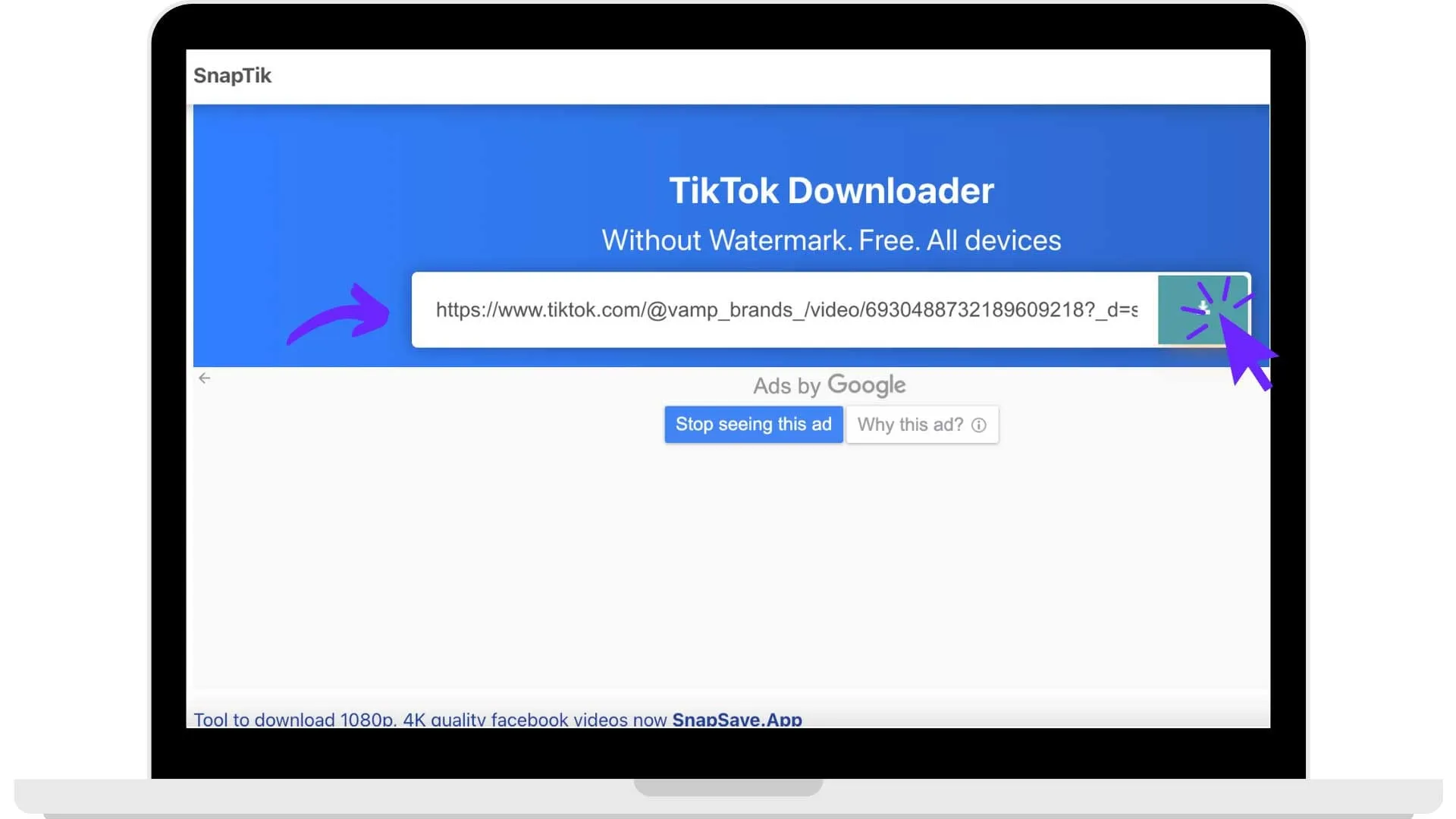 SnapTik download button shown after the TikTok link is processed