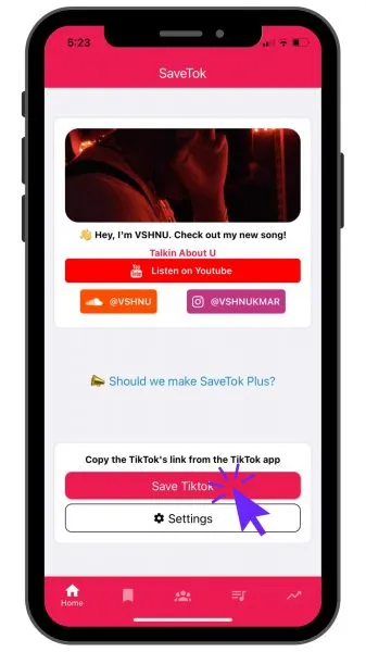 SaveTok with the No Watermark option ticked before saving