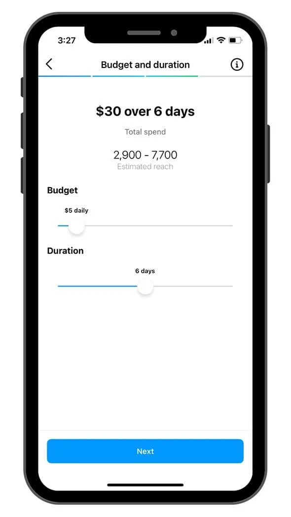 Setting budget and duration for a boosted Reel