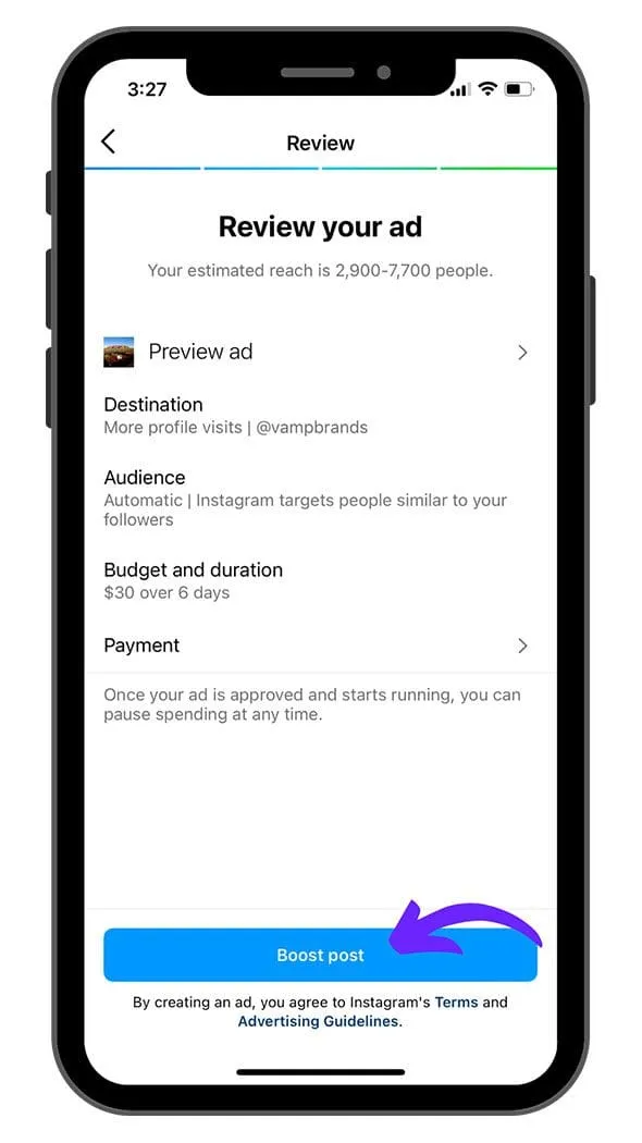 Reviewing a boosted Instagram Reel ad before going live