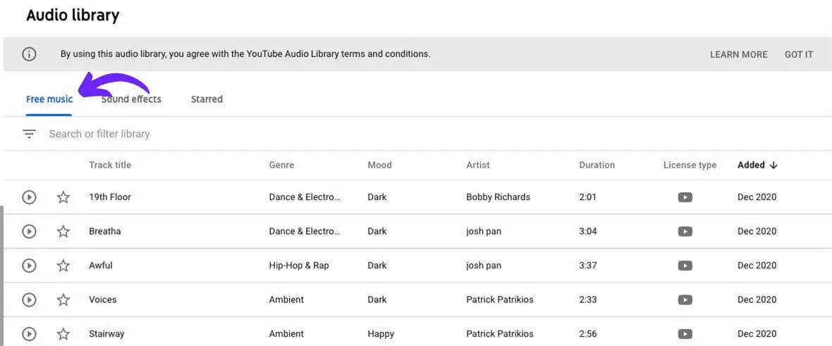 YouTube Studio Audio Library royalty-free music