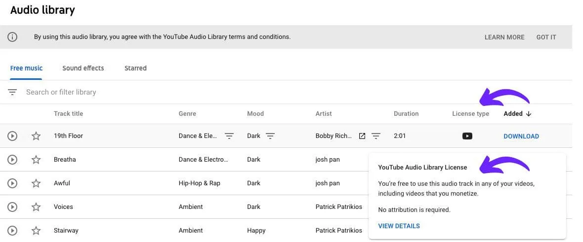 Filtering tracks in the YouTube Studio Audio Library