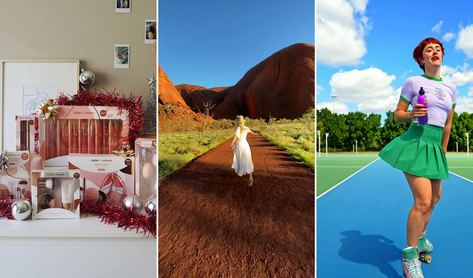 Creator content from @nattdesu for Nude by Nature, @twosometravellers for Luxury Escapes and @peachyfeverr for Powerade