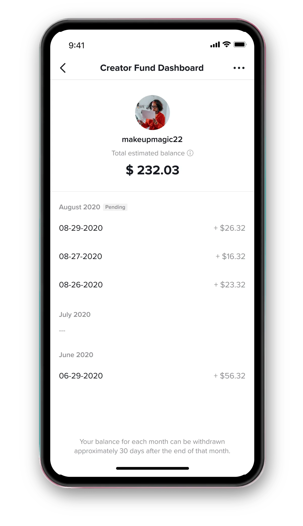TikTok Creator Fund earnings screen showing creator payout figures
