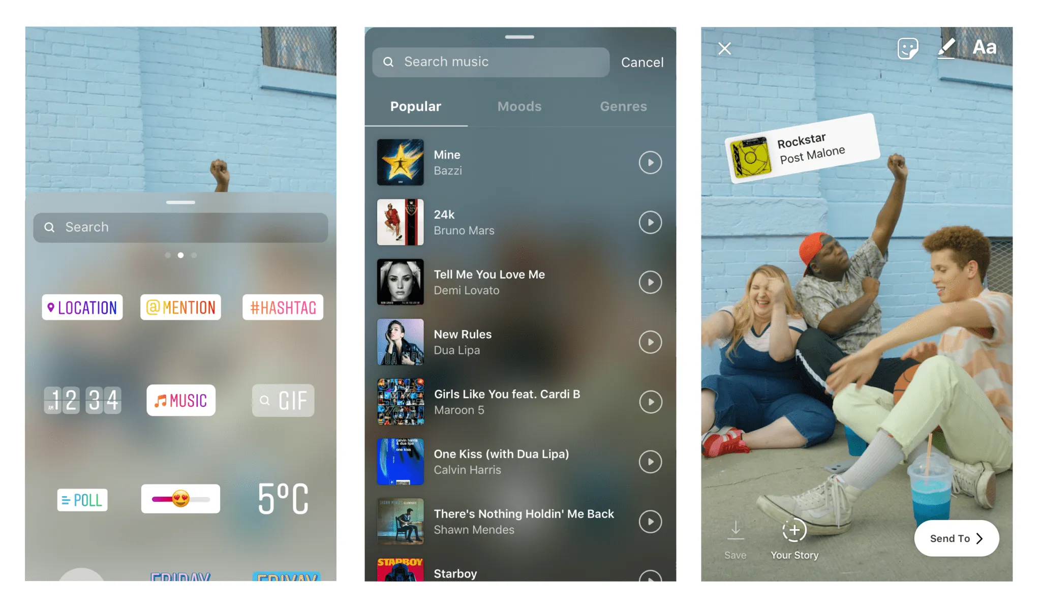 Adding music to an Instagram Story using the in-app music note icon