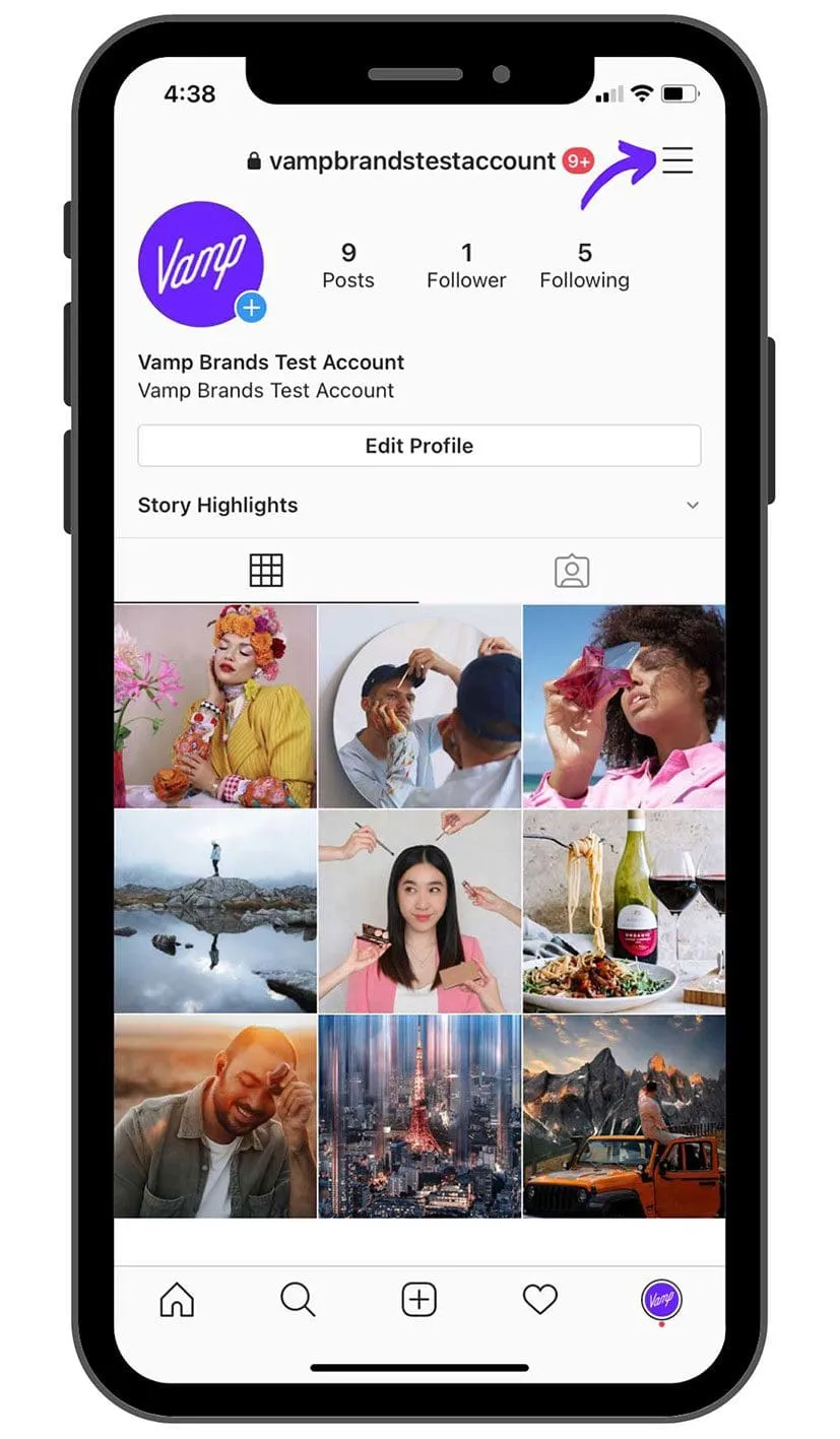 Switching between a Creator and Business Instagram account, step one
