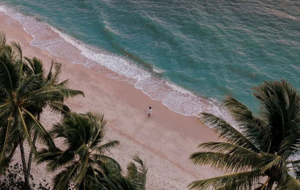 woman standing on beach birds eye view