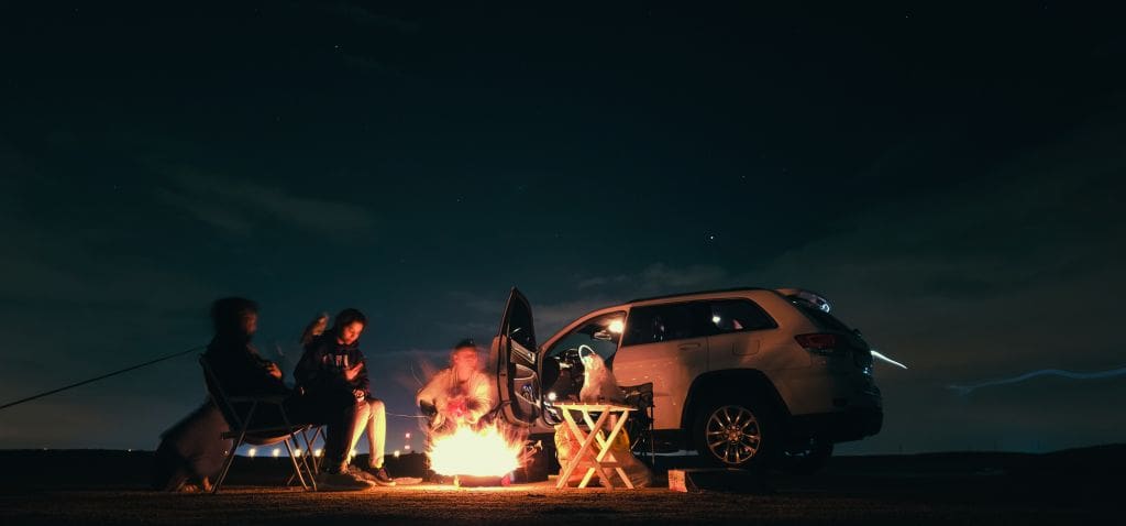 group of people having bonfire next to car