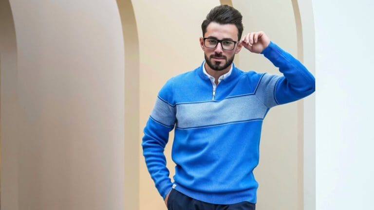 main blue sweater with glasses on